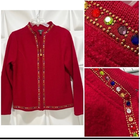 Lisa International Sz S 100% Boiled Wool Red Rhinestone Zip Up Cardigan Sweater - Picture 1 of 6